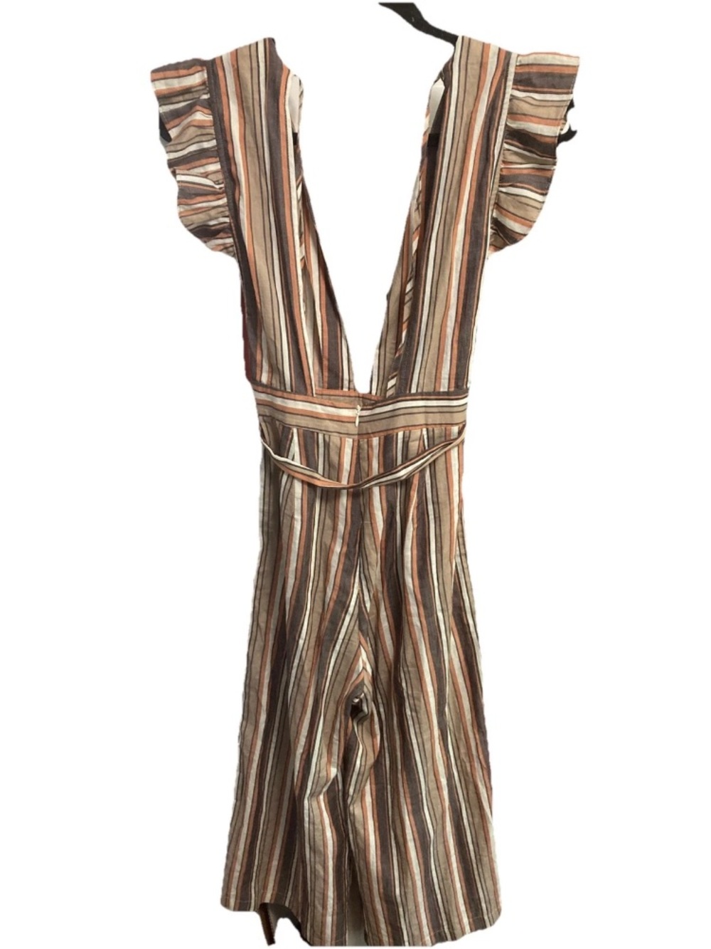 Storia Striped V-Neck Jumpsuit in Brown and Cream with Orange Accents